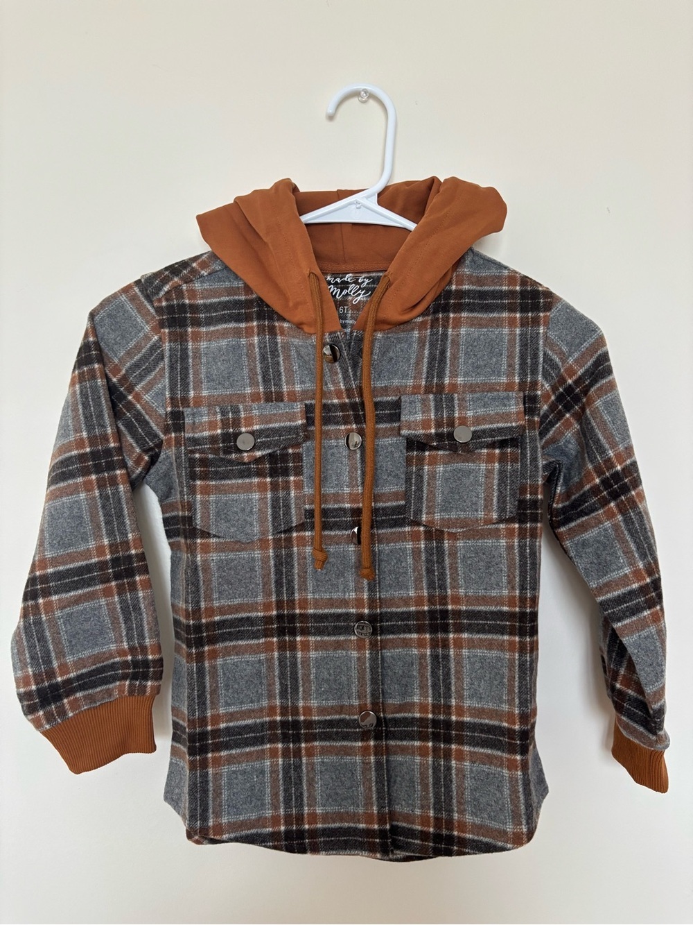 Made by Molly Plaid Hooded Shacket for Kids in Gray & Brown NWOT